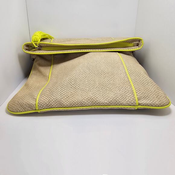 Poppie Jones Snakeskin Printed Tan & Yellow Fold Over Zippered Tote Bag - Picture 5 of 8